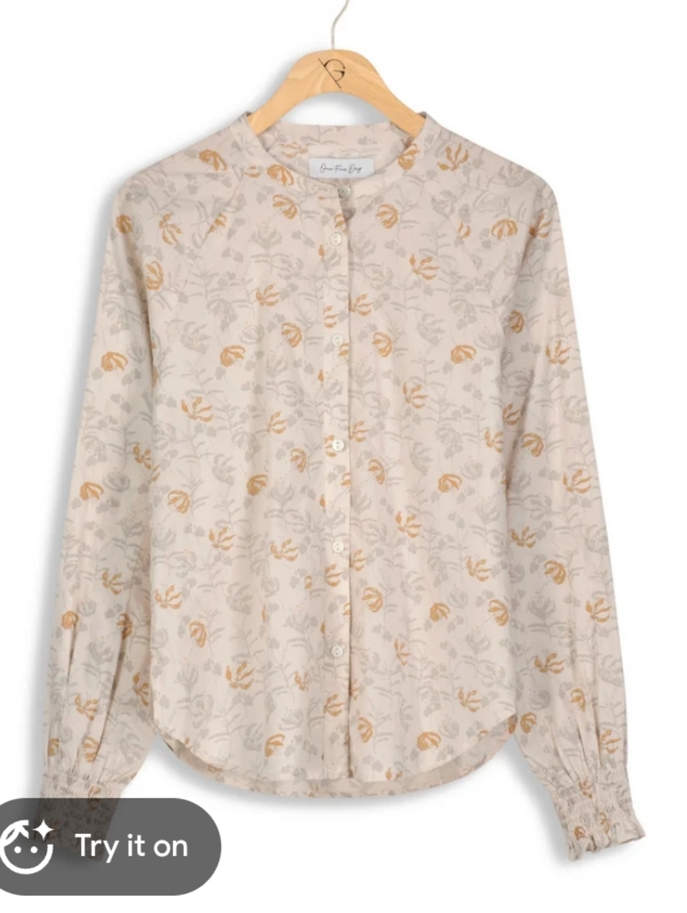 OFD Ruffle Collar Button-Up Blouse in Cream with Mustard Floral Print